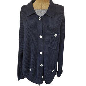 J Jill Cardigan Womens Size L Petite Navy Ribbed Knit Button Front Pockets